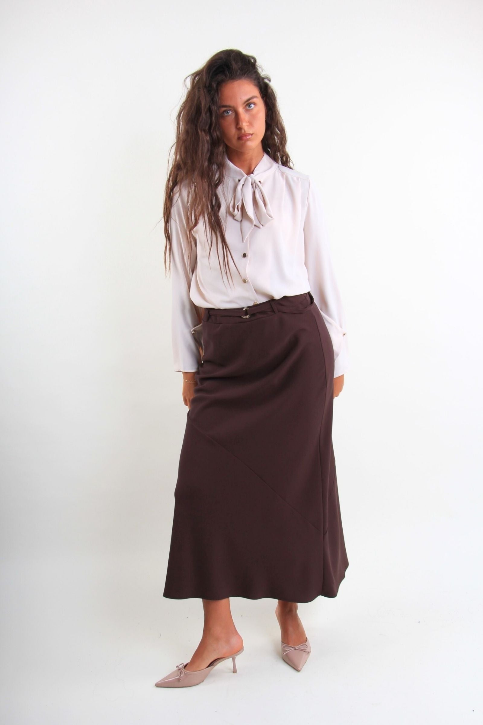 Gonna midi in tessuto fluido con cintura