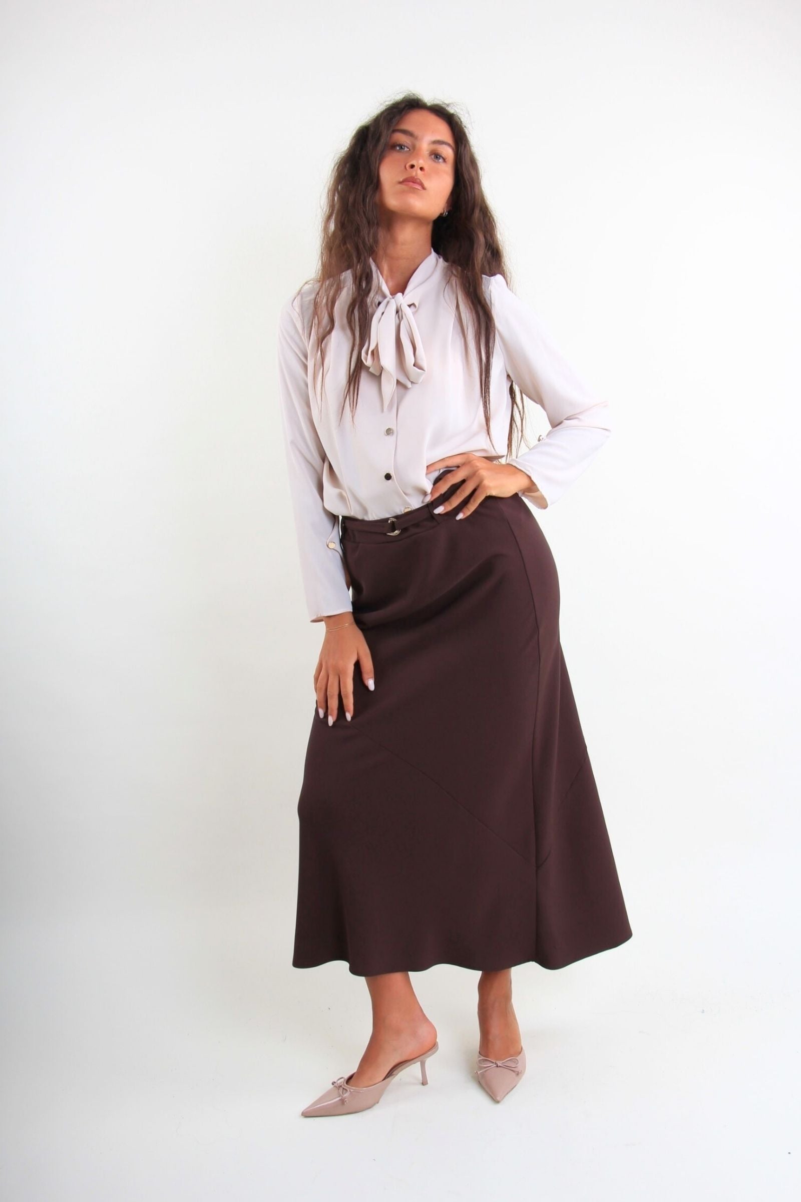 Gonna midi in tessuto fluido con cintura