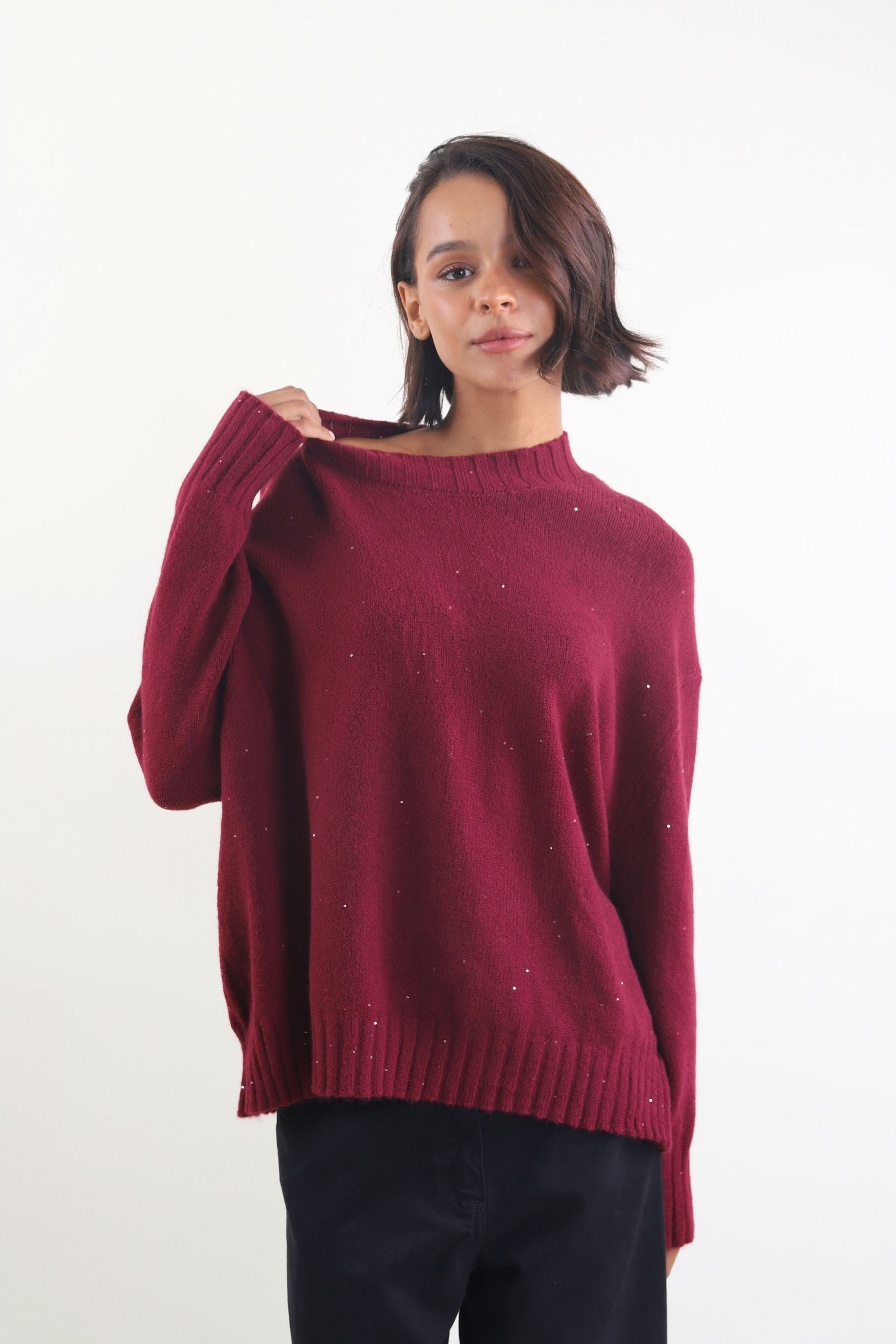 Maglione girocollo over size con micro paillettes
